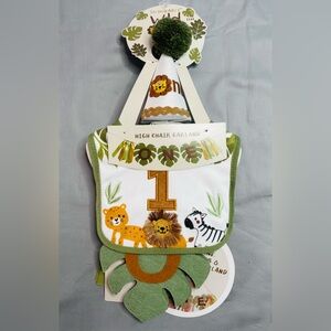 Kids First Birthday Wild One Bib & Party Hat Set - Green Jungle Lion